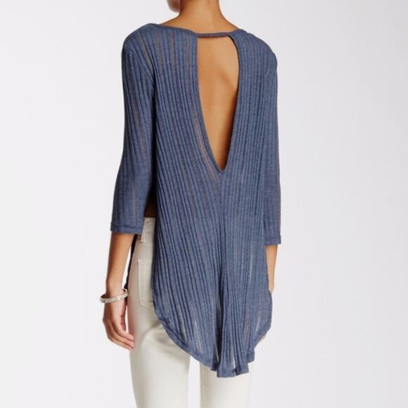 Free People Astoria Split Ribbed Open Knit 3/4 Sleeve Top Women’s Medium - Picture 1 of 12